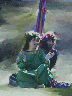 The Queen of May and Jack, the Green Man, rest after overseeing the celebrations.